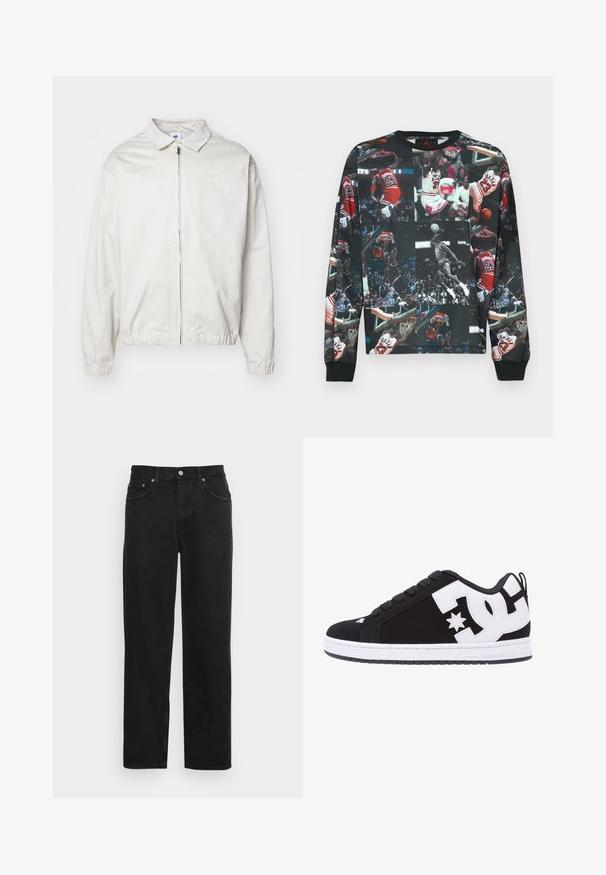 Biela, ľahká bunda Nike s golierom, predným zipsom, elastickými manžetami a malým logom na ľavej strane hrudníka. Hladká textúra.; Čierna mikina s potlačou koláže basketbalových obrázkov, prevažne s červenými a bielymi akcentmi, s okrúhlym výstrihom a rebrovanými manžetami.; Čierne rifľové nohavice s rovnými nohavicami, päťvreckovým usporiadaním a kovovým zapínaním na gombík s jemnou textúrou. Bez viditeľných vzorov alebo akcentov.; Čierne tenisky s bielymi akcentmi a logom. Majú okrúhlu špičku, polstrovanú podrážku, ploché šnúrky a hladký vrchný materiál. Bočný profil.