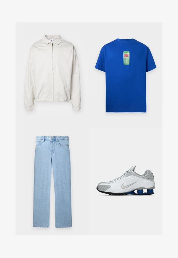 Λευκή, ελαφριά ζακέτα Nike με γιακά, μπροστινό φερμουάρ, ελαστικές μανσέτες και μικρό λογότυπο στο αριστερό στήθος. Απαλή υφή.; Φωτεινό μπλε μπλουζάκι με μικρό γραφικό ενός πράσινου και ροζ ρετρό κινητού τηλεφώνου στο κέντρο στο στήθος.; Φωτεινά γαλάζια τζιν ψηλόμεσα με ίσια πόδια, μπροστινό κούμπωμα με κουμπιά, φερμουάρ και σχεδιασμό πέντε τσεπών σε λευκό φόντο.; Λευκό και γκρίζο αθλητικό παπούτσι Nike με ασημένιο swoosh, μπλε ελατηριωτά πέλματα και μαύρη σόλα σε ουδέτερο φόντο.