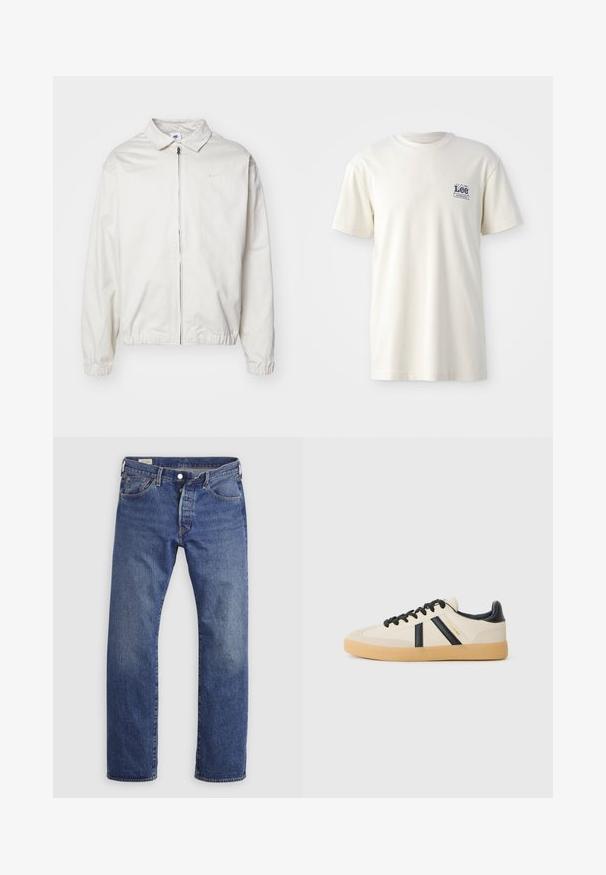Biela, ľahká bunda Nike s golierom, predným zipsom, elastickými manžetami a malým logom na ľavej strane hrudníka. Hladká textúra.; Krémové bavlnené tričko s okrúhlym výstrihom, krátkymi rukávmi a modrým logom "Lee Workwear" na ľavej strane hrudi.; Modré džínsové nohavice s rovnými nohavicami, klasický päťvreckový dizajn a zapínanie na gombíky na jednoduchom pozadí.; Pohodlné tenisky v krémovej farbe s čiernymi pruhmi, s textúrovaným zvrškom a podrážkou z gumy. Šnúrky sú čierne. Diskrétny logo na boku.