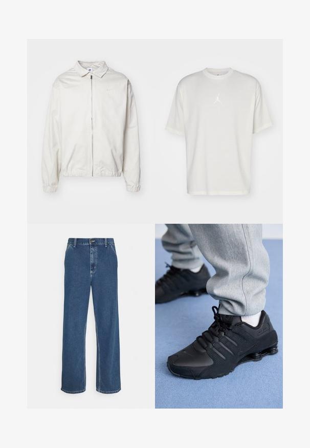 Hvid, letvægts Nike-jakke med kravehals, lynlås foran, elastiske ærmer og et lille logo på venstre bryst. Glat tekstur.; Hvid bomulds t-shirt med rund halsudskæring, korte ærmer og et lille broderet logo i midten. Løst fit design med minimal syning.; Blå denimjeans med lige pasform, fem-lomme design, metalknaplukning og synlig syning langs søm og kant.; Person iført sorte Nike Shox sneakers og grå joggingbukser, der står på lyseblåt tæppe.