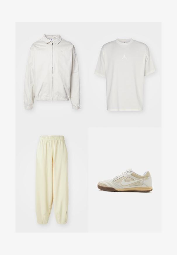 Hvid, letvægts Nike-jakke med kravehals, lynlås foran, elastiske ærmer og et lille logo på venstre bryst. Glat tekstur.; Hvid bomulds t-shirt med rund halsudskæring, korte ærmer og et lille broderet logo i midten. Løst fit design med minimal syning.; Cremefarvede sweatpants med elastisk talje, indsnævrede benmanchetter og løs pasform. Fremstillet af blød, letvægtig stof.; Hvid atletisk sko med en struktureret overdel, grå accenter, snørebånd og en tan gummisål. Har et karakteristisk logo på siden.