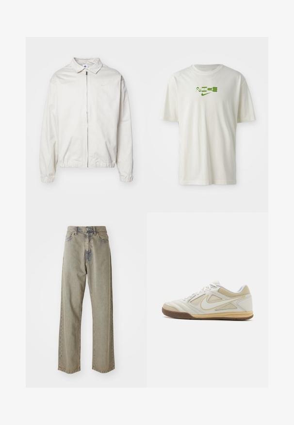 Hvid, letvægts Nike-jakke med kravehals, lynlås foran, elastiske ærmer og et lille logo på venstre bryst. Glat tekstur.; Hvid bomulds t-shirt med et grønt grafisk print med ordet "NIKE" og logo. Korte ærmer og rund hals. Glat tekstur.; Lys grå brede jeans i denim, med en falmet tekstur, synlige syninger og traditionel knap- og lynlåslukning.; Hvid atletisk sko med en struktureret overdel, grå accenter, snørebånd og en tan gummisål. Har et karakteristisk logo på siden.