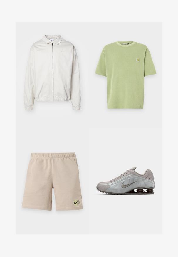 Biela, ľahká bunda Nike s golierom, predným zipsom, elastickými manžetami a malým logom na ľavej strane hrudníka. Hladká textúra.; Svetlozelené tričko s krátkym rukávom s rebrovanou textúrou a nášivkou s logom na hrudi. Voľný strih a okrúhly výstrih.; Béžové bavlnené šortky s elastickým pásom, bočnými vreckami a malým čiernym logom Nike Swoosh na zeleno-žltej zemeguli pri leme.; Běžecká obuv Nike ve světle šedé barvě s hladkým povrchem, zakřiveným designem a viditelnými odpružovacími pružinami v tmavě hnědé barvě na patě.