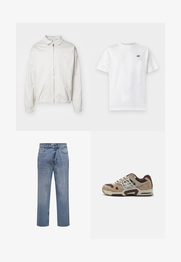 Chaqueta blanca y ligera de Nike con cuello tipo camisa, cremallera frontal, puños elásticos y un pequeño logotipo en el lado izquierdo del pecho. Textura suave.; Camiseta blanca de manga corta con cuello redondo y un pequeño logo negro de New Balance en la parte superior izquierda del pecho sobre un fondo liso y claro.; Vaqueros de mezclilla azul claro de corte recto con cierre de botón y cremallera y bolsillos delanteros y traseros.; Zapatilla deportiva beige y marrón con patrón texturizado, cordones blancos, suela gruesa y logotipo de DC en el lateral y la entresuela.