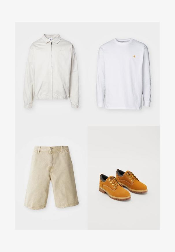 Hvid, letvægts Nike-jakke med kravehals, lynlås foran, elastiske ærmer og et lille logo på venstre bryst. Glat tekstur.; Hvid langærmet t-shirt lavet af bomuld. Har et lille gyldent logo på brystet og en rund halsudskæring. Enkel design og standard pasform.; Beige denim shorts med lige snit, fem lommer, frontknap og lynlås lukning, samt subtil falming på stoffet.; Brune ruskindssko med rund tå, gule snørebånd, en polstret sort krave og gummisåler med skridsikre riller.