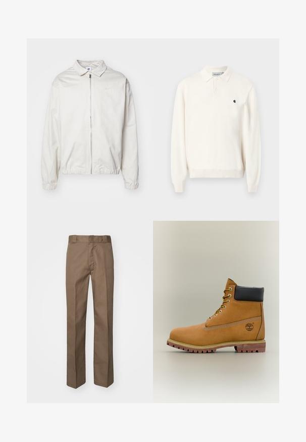 Biela, ľahká bunda Nike s golierom, predným zipsom, elastickými manžetami a malým logom na ľavej strane hrudníka. Hladká textúra.; Svetlooranžové polokošeľa s dlhým rukávom, dvoma gombíkmi, rebrovanými manžetami, golierom a malým čiernym logom Carhartt na ľavej strane hrude.; Hnedé nohavice s rovnou prednou časťou, priame nohy a klasický pás. Vyrobené z odolnej látky, bez viditeľných vzorov alebo ozdôb.; Hnedá kožená členková členková obuv s čiernym golierom, žltými šnúrkami a béžovou podrážkou. Má logo a biele prešívanie. Hrubá podrážka s dobrým záberom.