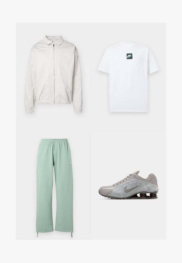 Hvid, letvægts Nike-jakke med kravehals, lynlås foran, elastiske ærmer og et lille logo på venstre bryst. Glat tekstur.; Hvid Nike T-shirt med korte ærmer og et lille grønt firkantet logo med Nike swoosh og tekst centreret på brystet.; Lysegrønne sweatpants med brede ben, elastisk talje, Nike-logo på venstre lår og justerbare snore ved benenderne.; Nike løbesko i lysegrå med en glat tekstur, buet design og synlige støddæmpningsfjeder i mørkebrun ved hælen.