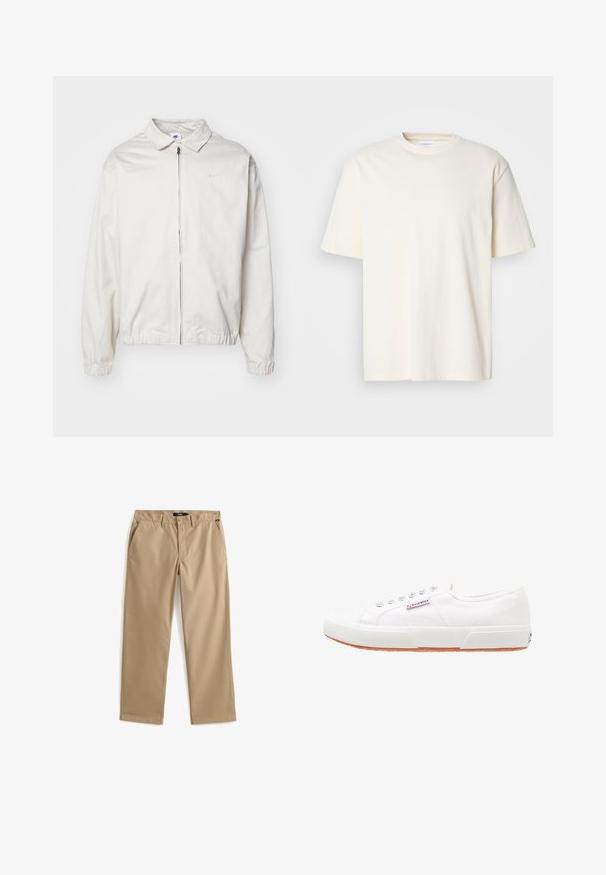 Chaqueta blanca y ligera de Nike con cuello tipo camisa, cremallera frontal, puños elásticos y un pequeño logotipo en el lado izquierdo del pecho. Textura suave.; Camiseta de cuello redondo de manga corta en color blanco roto, diseño unisex, exhibida sobre un fondo gris neutro.; Pantalones beige de pierna recta con cierre de botón y cremallera, trabillas para cinturón y bolsillos laterales, colocados planos sobre un fondo blanco.; Zapatillas de lona blancas con suela de goma, diseño de cordones y una pequeña etiqueta con el logo en el lateral. Parte superior texturizada blanca y suela marrón.