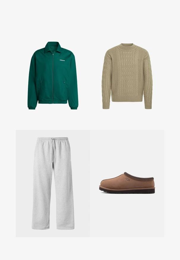 Roheline kergest sünteetilisest materjalist piisakutega jakk. Omab kraega kaelaosa, elastseid mansette ja kahte külge taskut. Adidas'i logo on kohal.; Bežs värviga särk, millel on tekstuuriga kaablidisain, ümar kaelus ning soonikkoes äär ja varrukad. See disain on lõdva istuvusega.; Heledhallidega hallid dressipüksid, millel on paela jaoks mõeldud vöökoht, valmistatud pehmest puuvillasegust, laiad sääred ja sile tekstuur. Taskud pole nähtavad.; Pruun seemisnahast libisemiskindel king, millel on kootud ülaosa ääris, ümar nina ja tekstuuriga tume kummist tald. Küljel on reljeefne logo.