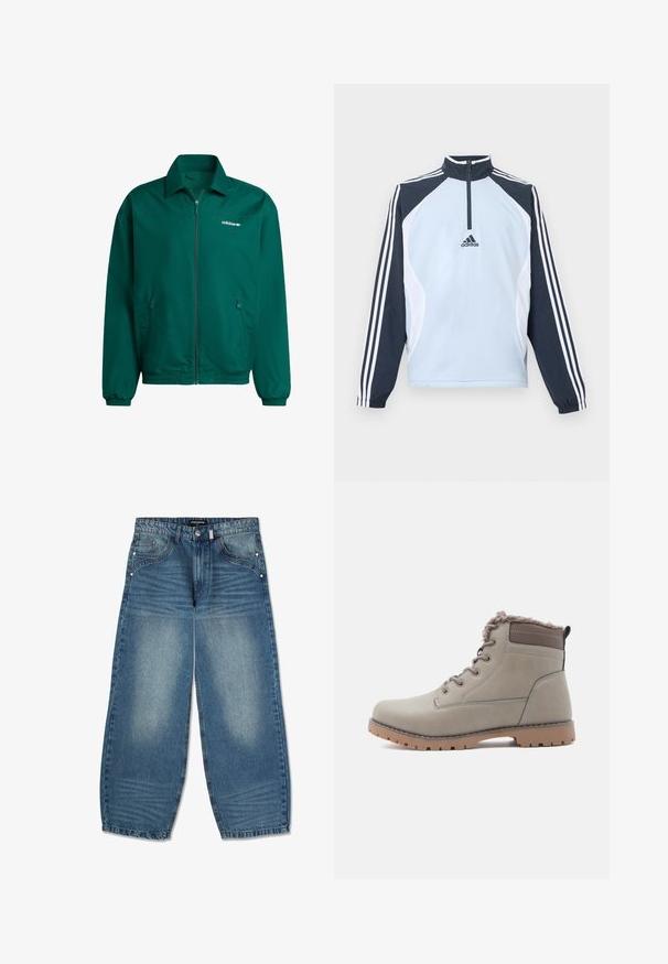 Grøn letvægts zip-jakke lavet af syntetisk materiale. Har en krave, elastiske manchetter og to sidelommer. Adidas-logo til stede.; Lyseblå pulloverjakke med høj krave, halv lynlås og mørkeblå og hvide accentpaneler. Indeholder tre hvide striber på ærmerne.; Lyseblå denim wide-leg jeans med en falmet finish, der har fem lommer, metalbeslag og lynlåsåbning.; Grå ankelstøvle med en blød, tekstureret krave, snørelukning, gummisål og kontrasterende brune detaljer på overdelen og hælen.