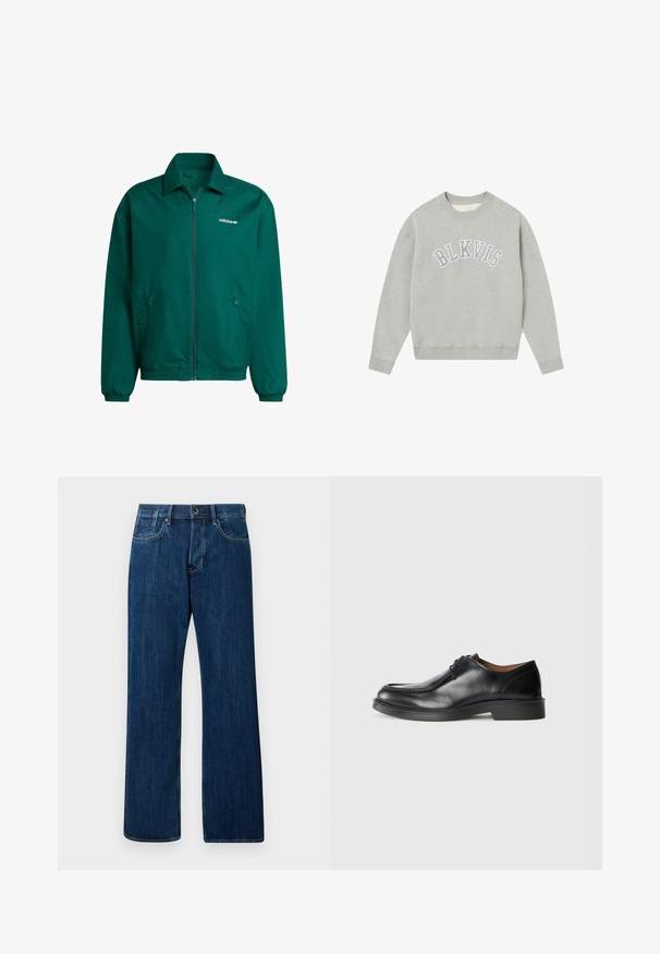 Roheline kergest sünteetilisest materjalist piisakutega jakk. Omab kraega kaelaosa, elastseid mansette ja kahte külge taskut. Adidas'i logo on kohal.; Hele halli meeskonna pusa, mille rinnaosal on valge ääristatud kiri "BLKVIS", pikkade varrukatega ning soonikuga krae ja toon.; Tumed sinised denim püksid, sirge jala disain, keskmise tõusuga vöökoht, klassikaline viie tasku stiil ja kerge fading, metallist nööpkaunistusega.; Must sõlmiga mustad nahast kontsad, ümarate varvastega, sileda pinna ja madala, tekstuuriga kummitald. Puhtad jooned ja minimalistisch disain.