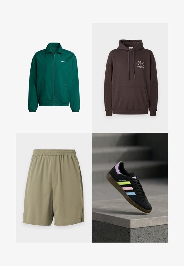 Vihreä kevyt vetoketjullinen takki, joka on valmistettu synteettisestä materiaalista. Ominaisuuksiin kuuluvat kauluksellinen kaula, elastiset hihansuut ja kaksi sivutaskua. Adidas-logo on läsnä.; Tummanruskea huppari, joka on valmistettu puuvillasekoitteesta, ja siinä on etutasku sekä valkoinen logo, jossa on maapallo ja teksti vasemmassa rintakappaleessa.; Kevyttä kangasta olevat khakinväriset shortsit, joissa on joustava vyötärönauha, sivutaskut ja virtaviivainen muotoilu mukavuutta varten.; Musta Adidas Spezial -lenkkari, jossa pastellin keltaiset, vaaleanpunaiset ja siniset raidat, laventelinvärinen kantalenkki ja ruskea pohja, leijuu betonireunan yläpuolella.