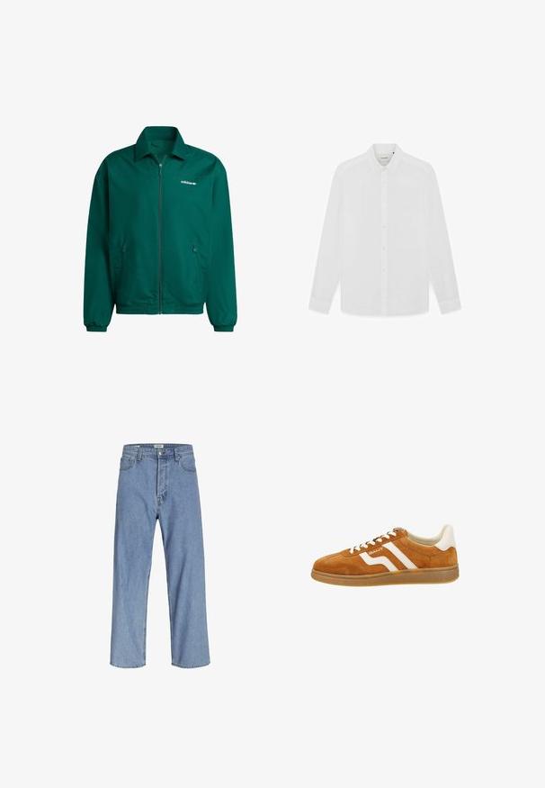 Zelená ľahká zapínacia bunda vyrobená z syntetického materiálu. Obsahuje golier, elastické manžety a dve bočné vrecká. Logo Adidas je prítomné.; Pánska biela košeľa s dlhým rukávom, zapínaná na gombíky, s klasickým golierom a manžetami na gombíky, položená na bielom pozadí.; Svetlomodré džínsy s uvoľneným strihom, vysokým pásom, širokými nohavicami a dizajnom s piatimi vreckami. Tkanina má jemnú štruktúru.; Hnedé semišové tenisky s bielymi koženými akcentmi, s nízkym profilom, okrúhlou špičkou a kontrastnými pruhmi po stranách. Zapínanie na šnúrky.