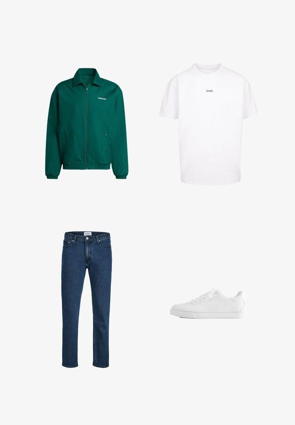Grüne, leichte Zip-Jacke aus synthetischem Material. Sie verfügt über einen Kragen, elastische Bündchen und zwei Seitentaschen. Adidas-Logo vorhanden.; Weißes Baumwoll-T-Shirt mit lockerer Passform und kurzen Ärmeln, auf der Brust mit dem Wort "geliebt." in schwarzer Schrift bedruckt.; Dunkelblaue Denim-Jeans mit geradem Bein, fünf Taschen, einem Knopfverschluss und einer dezenten strukturierten Oberfläche.; Weißer Low-Top-Sneaker mit Schnürsenkeln, glattem Lederobermaterial und flacher Gummisohle, seitlich auf weißem Hintergrund gezeigt.
