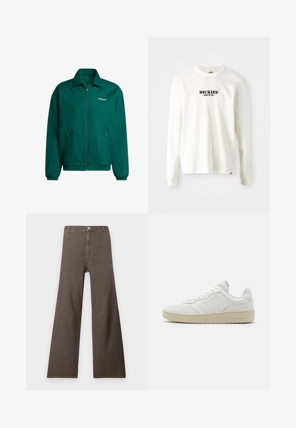 Groene lichtgewicht zip-up jack van synthetisch materiaal. Heeft een kraag, elastische manchetten en twee zijzakken. Adidas-logo aanwezig.; Witte lange mouw geribbelde sweatshirt met een zwart logo "DICKIES" en "SINCE '22" eronder, ronde hals en manchetten.; Bruine wijde broek met hoge taille, knoopsluiting, riemlussen en zichtbare naden op de benen.; Witte leren sneakers met een gestructureerde afwerking en een gevoerde kraag. Voorzien van een beige rubberen zool en subtiele branding op de hiel en zijkant.