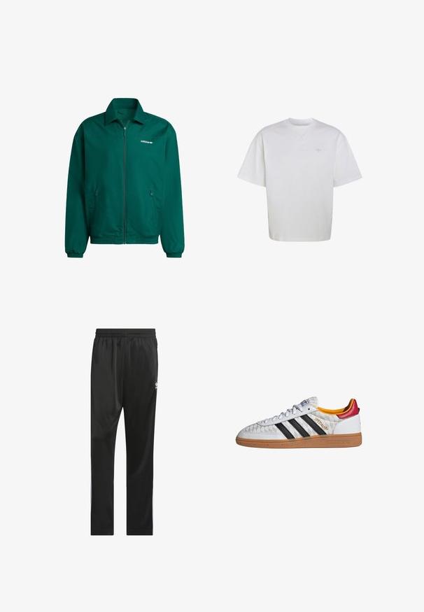 Groene lichtgewicht zip-up jack van synthetisch materiaal. Heeft een kraag, elastische manchetten en twee zijzakken. Adidas-logo aanwezig.; Witte T-shirt met korte mouwen en ronde hals, met subtiele geribbelde schouderstrepen en een klein, lichtgrijs Adidas-logo op de linkerborst.; Zwarte sportbroeken van glad, lichtgewicht materiaal. Voorzien van een elastische tailleband en witte zijstrepen met een logo op de dij.; Witte Adidas Spezial sneaker met zwarte strepen, gumzool, doorgestikt patroon, rood hielstuk en gele voering, zijaanzicht.
