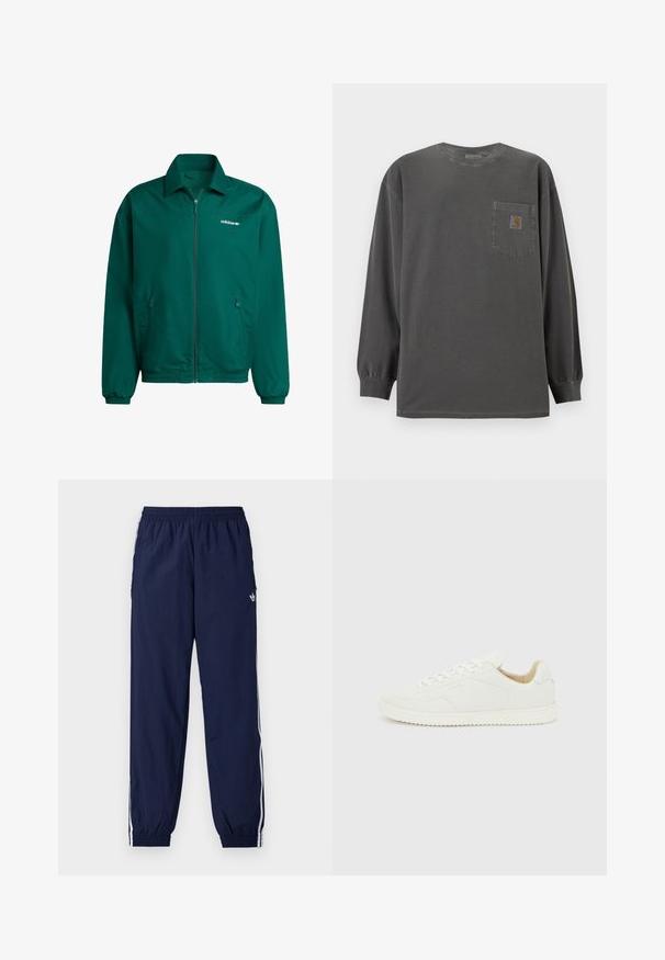 Grøn letvægts zip-jakke lavet af syntetisk materiale. Har en krave, elastiske manchetter og to sidelommer. Adidas-logo til stede.; Mørkegrå langærmet rundhals-shirt med brystlomme med et lille Carhartt-logo på lommen.; Mørkeblå træningsbukser lavet af letvægtsstof med hvide striber på siderne, elastisk taljebånd og lille logo.; Hvid lavt snøresneaker i læder med hvide snørebånd og tekstureret sål, vist fra ydersiden på en lysegrå baggrund.