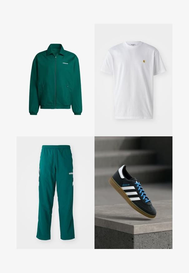 Vihreä kevyt vetoketjullinen takki, joka on valmistettu synteettisestä materiaalista. Ominaisuuksiin kuuluvat kauluksellinen kaula, elastiset hihansuut ja kaksi sivutaskua. Adidas-logo on läsnä.; Valkoinen puuvillapaita lyhyillä hihoilla, pyöreä kaula-aukko, jossa on pieni kultainen logo vasemmassa rintapielessä. Pehmeä kangas ja normaali istuvuus.; Vihreät urheiluhousut, jotka on valmistettu kevyestä kankaasta. Housuissa on elastinen vyötärö, sivutaskut ja valkoinen Adidas-logo vasemmalla puolella.; Musta Adidas-tennari valkoisilla raidoilla, sinisillä nauhoilla ja kumipohjalla kelluu pehmeässä valossa harmaan betonisen portaan yllä.