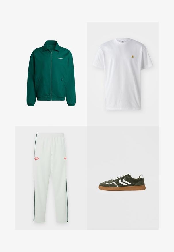 Vihreä kevyt vetoketjullinen takki, joka on valmistettu synteettisestä materiaalista. Ominaisuuksiin kuuluvat kauluksellinen kaula, elastiset hihansuut ja kaksi sivutaskua. Adidas-logo on läsnä.; Valkoinen puuvillapaita lyhyillä hihoilla, pyöreä kaula-aukko, jossa on pieni kultainen logo vasemmassa rintapielessä. Pehmeä kangas ja normaali istuvuus.; Vaaleanvihreät verkkarit, joissa on joustava vyötärönauha, punaisella kirjailulla varustettu logo ja vihreät sivuraidat. Pehmeä kangas ja rento istuvuus.; Vihreät samettiset urheilukengät, joissa on valkoiset raidat, valkoiset nauhat, pehmustettu valkoinen kantapää ja kuminen pohja, esitelty sivuprofiilissa yksinkertaista taustaa vasten.