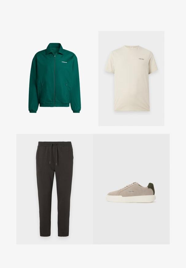 Vihreä kevyt vetoketjullinen takki, joka on valmistettu synteettisestä materiaalista. Ominaisuuksiin kuuluvat kauluksellinen kaula, elastiset hihansuut ja kaksi sivutaskua. Adidas-logo on läsnä.; Beigenvärinen Calvin Klein lyhythihainen pyöreäkauluksinen t-paita, jossa pieni musta logo vasemmalla rinnalla.; Tummanharmaat verkkareita, jotka on valmistettu pehmeästä kankaasta. Housuissa on joustava vyötärö, jossa on naru, kapenevat lahkeet ja joustavat resorit nilkoissa.; Beige mokkasandaalit valkoisella kumipohjalla, joissa on tumma vihreä kantapään yksityiskohta ja hienovarainen brändäys sivussa.