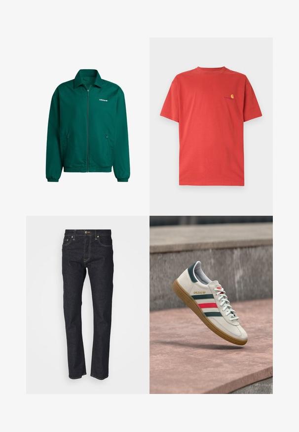 Vihreä kevyt vetoketjullinen takki, joka on valmistettu synteettisestä materiaalista. Ominaisuuksiin kuuluvat kauluksellinen kaula, elastiset hihansuut ja kaksi sivutaskua. Adidas-logo on läsnä.; Punainen puuvillainen t-paita, jossa on pyöreä kaulus, lyhyet hihat ja pieni keltainen logo vasemmassa rinnassa. Sileä pinta, rento muotoilu.; Tummansinisiä farkkuja suoran mallin kanssa, joissa on napp closure, viisi taskua ja kultaiset ompeleet. Sileä rakenne.; Valkoinen Adidas-tennari, jossa vihreät ja punaiset raidat, kumipohja ja "SPEZIAL"-brändäys, kelluu kivipinnan yläpuolella.