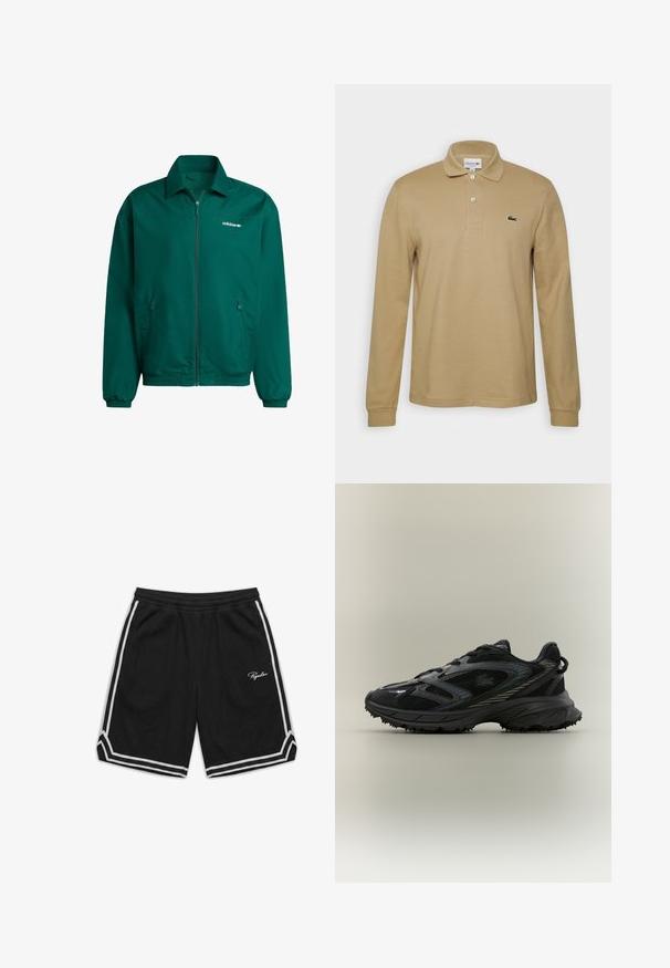 Grøn letvægts zip-jakke lavet af syntetisk materiale. Har en krave, elastiske manchetter og to sidelommer. Adidas-logo til stede.; Langærmet poloshirt i beige, lavet af bomuldsblanding. Har en krave og ribstrikkede manchetter. Glat tekstur uden synlige mønstre eller design.; Sorte atletikshorts med hvide sider og kantstriber, elastisk taljebånd og "Pegador"-logo på højre ben.; Sort atletisk sko med meshpaneler, en tekstureret sål, snørebånd og en buet silhuet med sølvfarvede accenter på siderne.