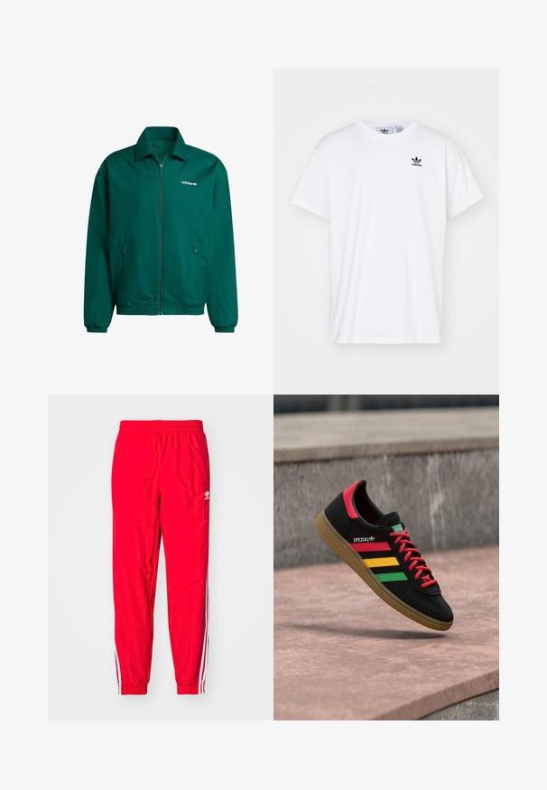 Roheline kergest sünteetilisest materjalist piisakutega jakk. Omab kraega kaelaosa, elastseid mansette ja kahte külge taskut. Adidas'i logo on kohal.; Valge puuvillane T-särk lühikeste varrukatega, ümmargune kaelus ja must Adidas logo, kus on kolm triipu vasakul rinnal.; Punased sportlikud püksid elastse vöökohtaga, külgedel valged triibulised aksendid ja vasakul reiel väike valge logo.; Must Adidas Spezial tossud punaste, kollaste ja roheliste triipude, punaste paelte, kummist tallaga ja punase kontsaga detailiga, kujutatud õhus tänava kohal hõljuvana.