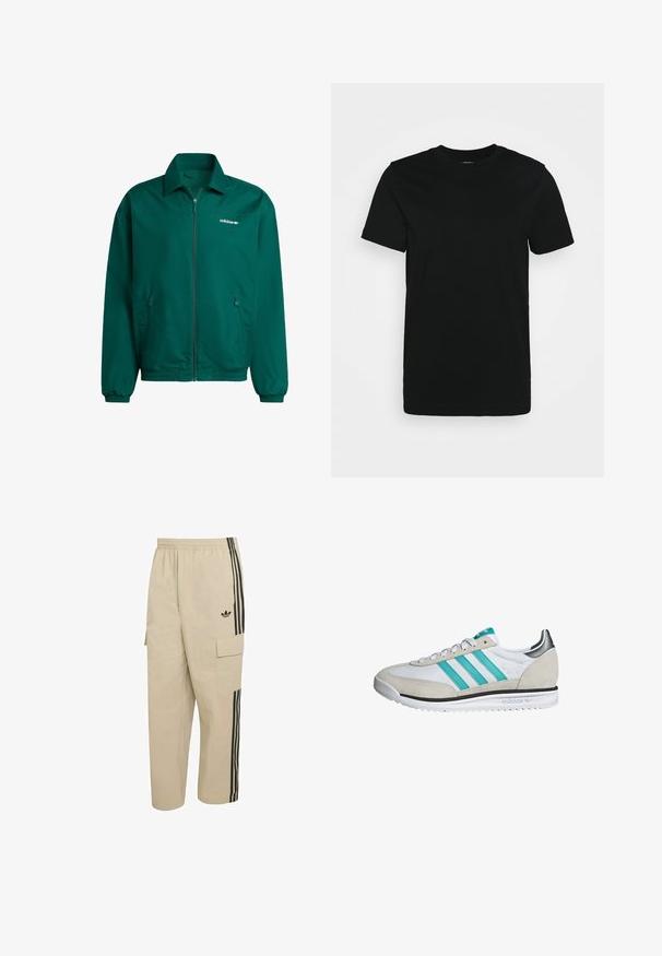 Groene lichtgewicht zip-up jack van synthetisch materiaal. Heeft een kraag, elastische manchetten en twee zijzakken. Adidas-logo aanwezig.; Zwarte T-shirt met korte mouwen van glad katoen, met een ronde halslijn en een eenvoudig ontwerp zonder patronen of accenten.; Beige cargobroek met een elastische tailleband, zijzakken en zwarte verticale strepen. Voorzien van een Adidas-logo aan de voorkant.; Witte en beige Adidas SL 72 sneakers met teal strepen, witte veters, een zwarte middenzoolstreep en een metallic zilveren hieldetail.