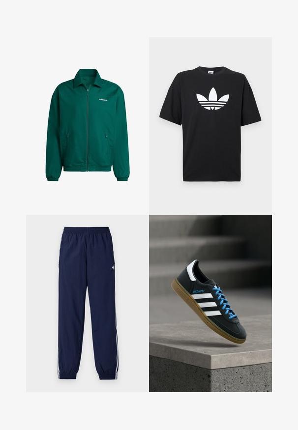 Grüne, leichte Zip-Jacke aus synthetischem Material. Sie verfügt über einen Kragen, elastische Bündchen und zwei Seitentaschen. Adidas-Logo vorhanden.; Schwarzes Baumwoll-T-Shirt mit kurzen Ärmeln, das ein großes weißes Adidas-Logo und drei horizontale Streifen am Saum zeigt. Klassisches Rundhalsdesign.; Marineblaue Trainingshose aus leichtem Stoff, mit weißen Streifen an den Seiten, einem elastischen Bund und einem kleinen Logo.; Schwarzer Adidas-Sneaker mit weißen Streifen, blauen Schnürsenkeln und Gummisohle, der über einer grauen Betontreppe im weichen Licht schwebt.