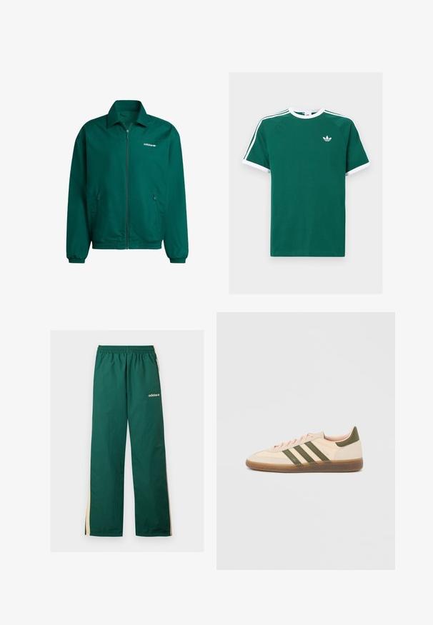 Grüne, leichte Zip-Jacke aus synthetischem Material. Sie verfügt über einen Kragen, elastische Bündchen und zwei Seitentaschen. Adidas-Logo vorhanden.; Grünes Baumwoll-T-Shirt mit weißen Akzenten, ausgestattet mit kurzen Ärmeln, einem Rundhalsausschnitt und drei weißen Streifen an jeder Schulter. Kleines Logo auf der Brust.; Grüne Adidas Trainingshose mit beigen Seitenstreifen, elastischem Bund und weißem Adidas-Logo am oberen linken Bein.; Flacher, beigefarbener Adidas Spezial Sneaker mit grünen Streifen, Gummisohle und "SPEZIAL" Schriftzug an der Seite, von der Außenseite gezeigt.