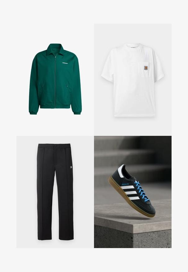 Roheline kergest sünteetilisest materjalist piisakutega jakk. Omab kraega kaelaosa, elastseid mansette ja kahte külge taskut. Adidas'i logo on kohal.; Valge lühikeste varrukatega ümar kaelusega t-särk rinnataskuga, millel on väike pruun-must Carhartti logo.; Mustadest siledast kangast püksid, millel on nupuga sulgemine, küljetaskud ja väike logo ees. Sirge jala disain.; Must Adidas toss valgete triibu, siniste paelte ja kummist tallaga, hõljuv pehme valgusega halli betoonastme kohal.
