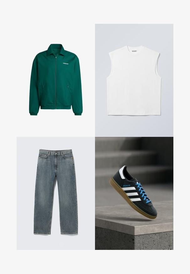 Groene lichtgewicht zip-up jack van synthetisch materiaal. Heeft een kraag, elastische manchetten en twee zijzakken. Adidas-logo aanwezig.; Wit mouwloos katoenen top met ronde hals en gestructureerde schouders, met het merk "WEEKDAY" op het label in de kraag, afgebeeld op een lichtgrijze achtergrond.; Blauwe recht gesneden spijkerbroek met voor- en achterzakken, riemlussen en knoopsluiting, plat gelegd op een witte achtergrond.; Zwarte Adidas-sneaker met witte strepen, blauwe veters en een gumzool die boven een grijze betonnen trede zweeft in zacht licht.