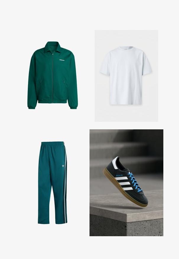 Vihreä kevyt vetoketjullinen takki, joka on valmistettu synteettisestä materiaalista. Ominaisuuksiin kuuluvat kauluksellinen kaula, elastiset hihansuut ja kaksi sivutaskua. Adidas-logo on läsnä.; Yksinkertainen valkoinen lyhythihainen t-paita, jossa on pyöreä pääntie, esillä vaaleanharmaalla taustalla, ei näkyviä logoja tai kuvioita.; Türkoosinväriset collegehousut, joissa joustava vyötärönauha, sivutaskut ja kolme sivuraitaa mustana, valkoisena ja harmaana, pienellä valkoisella Adidas-logolla.; Musta Adidas-tennari valkoisilla raidoilla, sinisillä nauhoilla ja kumipohjalla kelluu pehmeässä valossa harmaan betonisen portaan yllä.
