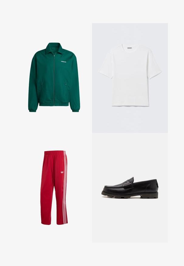 Grüne, leichte Zip-Jacke aus synthetischem Material. Sie verfügt über einen Kragen, elastische Bündchen und zwei Seitentaschen. Adidas-Logo vorhanden.; Schlichtes weißes T-Shirt mit kurzen Ärmeln und Rundhalsausschnitt, mit einem kleinen "WEEKDAY"-Etikett an der Innenseite des Rückenkragens, auf einer flachen Oberfläche liegend dargestellt.; Rote Adidas Trainingshose mit elastischem Bund, weißen Seitenstreifen und Trefoil-Logo am rechten Oberschenkel vor weißem Hintergrund.; Schwarze Leder-Loafer mit abgerundetem Zehenbereich, dekorativer Naht und strukturiertem Außensohle für besseren Halt. Leicht erhöhter Absatz.