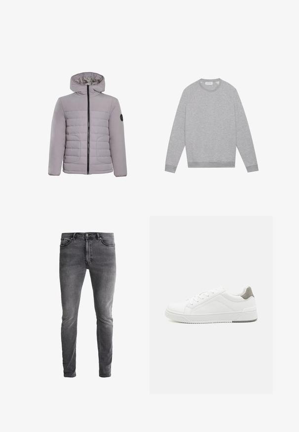 CLOSURE London CONTRAST JACKET - Veste d'hiver - ice grey; Sweat-shirt à col rond gris clair à manches longues avec des poignets et un ourlet côtelés, présenté à plat sur un fond uni.; Jeans en denim gris slim-fit avec une légère élasticité. Comprend cinq poches, une fermeture éclair et un bouton métallique contrastant. Texture délavée.; Basket blanche en cuir lisse, à bout arrondi, design minimaliste, accent de talon gris et semelle en caoutchouc texturé.