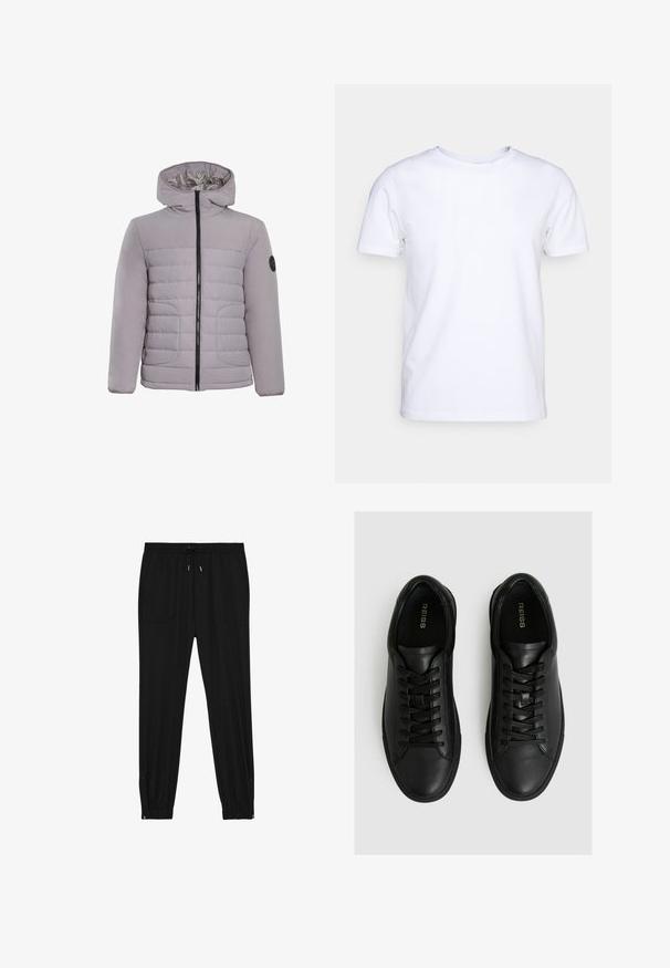 CLOSURE London CONTRAST JACKET - Veste d'hiver - ice grey; T-shirt blanc à manches courtes en tissu de coton avec un col rond. Design simple sans motifs ni accents. Texture lisse.; Pantalons de jogger noirs fabriqués à partir d'un tissu doux. Dotés d'une taille élastique avec cordon de serrage, de deux poches avant et de chevilles zippées pour un enfilage facile.; Baskets en cuir noir avec une finition lisse, dotées d'un bout rond, d'un laçage à six œillets et d'une semelle en caoutchouc à profil bas.