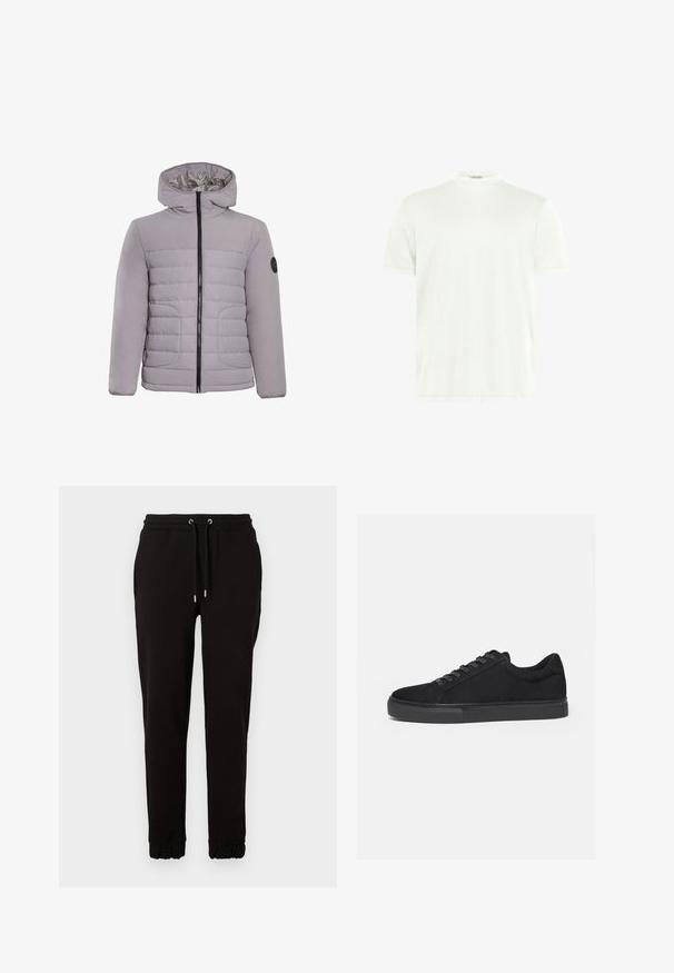 CLOSURE London CONTRAST JACKET - Χειμωνιάτικο μπουφάν - ice grey; Άσπρο T-shirt με στρογγυλή λαιμόκοψη από μαλακό ύφασμα. Κοντά μανίκια, χωρίς σχέδια. Απλός σχεδιασμός με ίσια ραφή και ελάχιστες λεπτομέρειες.; Μαύρες φόρμες από μαλακό ύφασμα, με ελαστική μέση και κορδόνια, πλαϊνές τσέπες και ρουμπινά μανίκια στους αστραγάλους.; Μαύρο sneaker χαμηλού τύπου με κορδόνια εμπρός και επίπεδη λαστιχένια σόλα, εμφανίζεται από το πλάι σε λευκό φόντο.