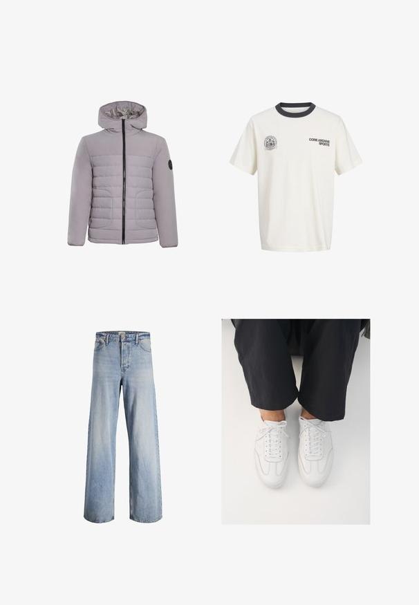 CLOSURE London CONTRAST JACKET - Veste d'hiver - ice grey; T-shirt blanc à manches courtes avec col rond noir, texte "CORE ARCHIVE SPORTS" sur la poitrine droite, et logo circulaire "CORESPORT" sur la poitrine gauche.; Jeans large taille haute bleu clair avec fermeture à bouton et zip à l'avant, cinq poches, et détails décolorés sur le tissu.; Baskets blanches en cuir avec une texture lisse, bout rond et système de laçage classique, positionnées au-dessus de pantalons sombres et amples.