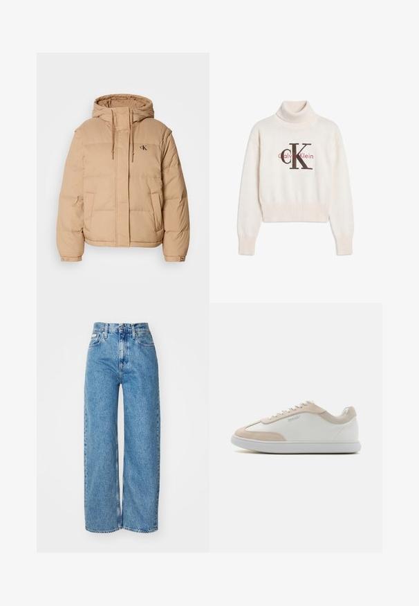 Doudoune beige avec capuche, dotée d'une fermeture éclair à l'avant, de deux poches latérales et d'un petit logo sur la poitrine gauche. Texture douce et matelassée.; Pull col roulé couleur crème Calvin Klein avec poignets et ourlet côtelés, avec un grand logo CK noir et rouge sur le devant.; Jean large en denim bleu clair avec taille haute, ourlet effiloché et design à cinq poches. La texture usée ajoute de la profondeur au tissu.; Baskets en cuir blanc avec des accents en suède beige et des lacets blancs. Elles présentent un bout arrondi et une semelle rembourrée pour plus de confort.