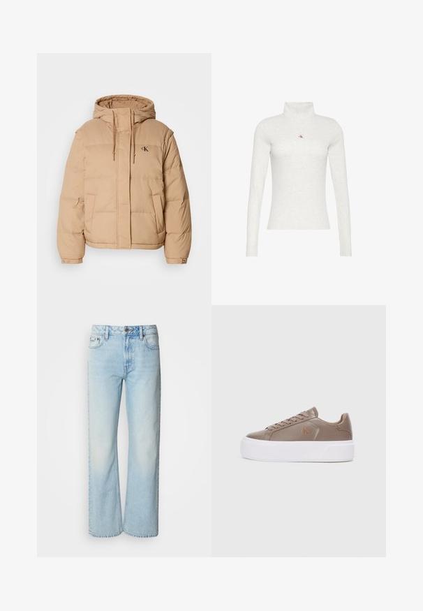 Doudoune beige avec capuche, dotée d'une fermeture éclair à l'avant, de deux poches latérales et d'un petit logo sur la poitrine gauche. Texture douce et matelassée.; Chemise à manches longues gris clair avec col roulé et petit logo "ck" rouge et noir centré sur la poitrine.; Jeans à jambes larges bleu clair en denim, présentant un design classique à cinq poches et une texture légèrement décolorée. La couture en denim est visible.; Baskets en cuir beige avec un bout rond, semelle plateforme blanche et lacets marron. Présente un petit logo sur le côté. Design minimaliste.