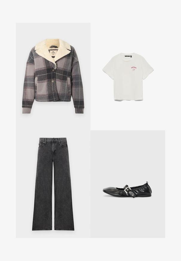 Veste à carreaux avec col en fausse fourrure, présentant des tons gris, noir et rose. Fermeture par boutons et poches latérales, fabriquée en tissu doux et texturé.; T-shirt court blanc avec le texte « SWEETHEART » et un motif de rose rouge sur le côté gauche de la poitrine.; Jean en denim noir à jambes larges avec cinq poches et fermeture par boutons, présenté à plat sur un fond blanc.; Chaussure plate en cuir noir avec un nez pointu, des détails froncés autour de l'ouverture et un accent en boucle argentée sur la bride ajustable.