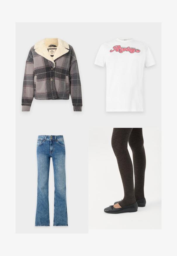Veste à carreaux avec col en fausse fourrure, présentant des tons gris, noir et rose. Fermeture par boutons et poches latérales, fabriquée en tissu doux et texturé.; T-shirt blanc à manches courtes avec le texte « Hot & Sweet Replay » en rose et noir, accompagné d’un petit motif fraise sur la poitrine.; Jean bootcut en denim bleu avec poches avant et double boutonnière, présenté à plat sur fond blanc.; Jambes portant des leggings côtelés foncés associés à des ballerines noires avec de petits détails en nœud sur fond blanc.