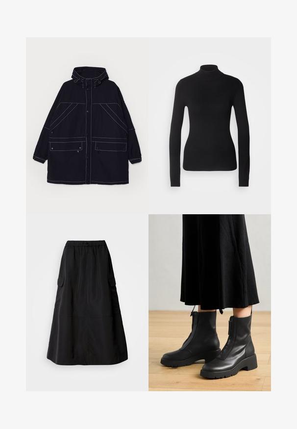 Chaqueta con capucha color navy hecha de un tejido ligero, con costuras blancas visibles, dos bolsillos frontales y cordones ajustables en la capucha.; Suéter negro de cuello alto hecho de un tejido de punto ligero. Presenta mangas largas, un diseño ajustado y una suave textura acanalada.; Falda negra de corte holgado, hecha de una tela suave. Cuenta con una cinturilla elástica y dos bolsillos cargo laterales. Diseño de longitud media.; Botas de tobillo de cuero negro con suela de plataforma gruesa y cremallera delantera. Textura suave con un diseño minimalista.