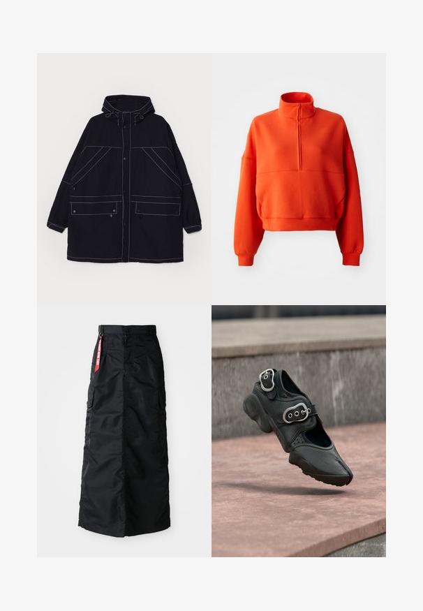 Chaqueta con capucha color navy hecha de un tejido ligero, con costuras blancas visibles, dos bolsillos frontales y cordones ajustables en la capucha.; Sudadera corta de color naranja brillante con cuello alto simulado y media cremallera, con mangas amplias y una tela texturizada para mayor comodidad.; Falda larga negra con botones y cremallera en el frente, bolsillos laterales tipo cargo y una etiqueta de tela roja "Retirar antes del vuelo" en la cinturilla.; Zapato negro de punta partida con dos hebillas plateadas, suela gruesa y detalles perforados, flotando sobre una superficie de piedra.