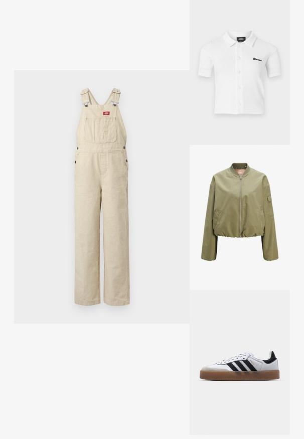 Hell olivgrüne Bomberjacke mit durchgehendem Frontreißverschluss, geripptem Kragen, Seitentaschen und einer kleinen Klapptasche am linken Ärmel.; Beige-weiße Denim-Overalls mit Nadelstreifen, verstellbaren Trägern, einer Brusttasche vorne, Knöpfen an der Seite und locker geschnittenen, geraden Beinen.; Weißes kurzärmeliges Hemd mit Knopfleiste und Kragen, aus strukturiertem Stoff, mit schwarzem "Dickies"-Logo auf der linken Brust bestickt.; Weiße Leder Sneakers mit schwarzen Streifen, Gummigummi-Außensohle, runder Zehenform, Schnürverschluss und weichem grauem Wildleder-Zehenkappe.