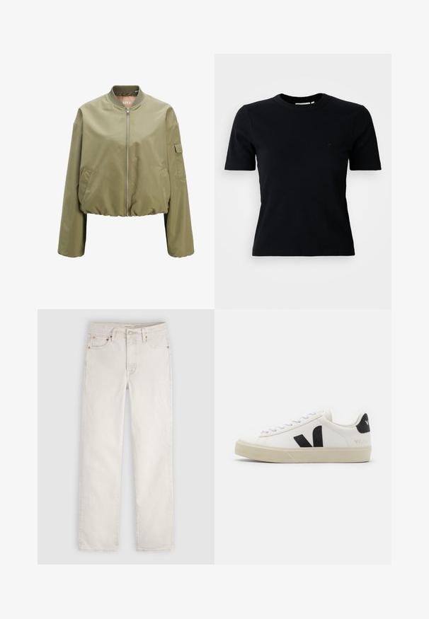 Cazadora bomber verde oliva clara con cremallera completa en la parte delantera, cuello de canalé, bolsillos laterales y un pequeño bolsillo con solapa en la manga izquierda.; Camiseta de manga corta negra con textura acanalada y escote redondo; presenta un logo sutil en el pecho; fabricada con un tejido suave y texturizado.; Vaqueros de denim de corte recto en color blanco roto con botón frontal, trabillas para cinturón y diseño de cinco bolsillos, extendidos sobre un fondo claro.; Zapatilla de cuero blanca con logo V de goma negra. Suela texturizada en blanco roto, cordones blancos y detalle en el talón trasero con el nombre de la marca en negro.