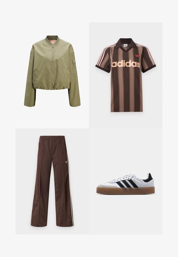 Cazadora bomber verde oliva clara con cremallera completa en la parte delantera, cuello de canalé, bolsillos laterales y un pequeño bolsillo con solapa en la manga izquierda.; Polo Adidas marrón con rayas, cuello en V, cuello burdeos y logo rojo. Presenta rayas blancas y rojas en los hombros, mangas cortas.; Pantalones deportivos marrones con diseño de pierna ancha, franjas laterales blancas, cintura elástica y dos bolsillos laterales. Presentan un pequeño logo en la pierna.; Zapatillas de cuero blancas con rayas negras, suela de goma, puntera redonda, cierre de cordones y caperuza de ante gris suave.