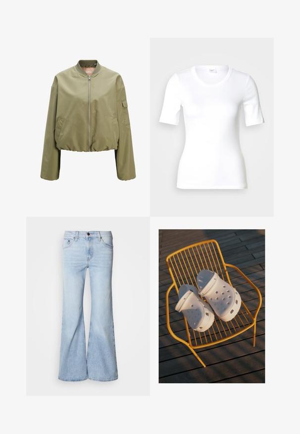 Hell olivgrüne Bomberjacke mit durchgehendem Frontreißverschluss, geripptem Kragen, Seitentaschen und einer kleinen Klapptasche am linken Ärmel.; Weißes T-Shirt mit kurzen Ärmeln aus glattem Baumwollstoff, mit rundem Ausschnitt und figurbetonter Form. Klassisches Design, ohne Muster oder Akzente.; Hellblaue Jeans mit ausgestelltem Bein, hoher Taille, Denim-Stoff, fünf Taschen und Knopfverschluss. Die Beine sind weit geschnitten und haben ein leicht ausgewaschenes Finish.; Weiße Crocs Clogs zeichnen sich durch ein perforiertes Design, flache Sohlen und verstellbare Fersenriemen aus und stehen auf einem gelben Drahtstuhl auf einem Holzfußboden.