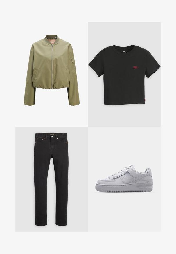 Hell olivgrüne Bomberjacke mit durchgehendem Frontreißverschluss, geripptem Kragen, Seitentaschen und einer kleinen Klapptasche am linken Ärmel.; Schwarzes, kurzärmeliges, kurzes Levi's T-Shirt mit Rundhalsausschnitt und kleinem rotem Levi's-Logo auf der linken Brust.; Schwarze Jeans aus Denim mit geradem Bein, Fünf-Taschen-Design, Metallnieten und kontrastierenden Nähten. Glatte Struktur mit klassischem Schnitt.; Graue Nike Air Force 1 Sneaker mit perforierter Zehenpartie, Obermaterial aus glattem Leder, dicker Sohle und geprägtem 'AIR'-Detail an der Ferse.