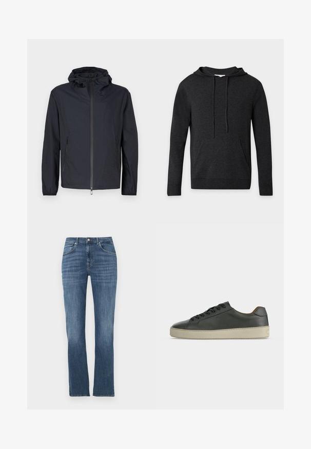 Veste noire légère avec une finition texturée, une fermeture éclair intégrale à l'avant, une capuche ajustable avec cordon et des poches latérales zippées.; Sweat à capuche gris foncé à manches longues avec cordons et poche kangourou à l'avant, présenté sur un fond clair uni.; Jean denim bleu à jambes droites avec poches avant, fermeture à boutons et léger effet délavé sur les cuisses et les genoux.; Baskets basses en cuir noir avec lacets noirs et semelle en caoutchouc écrue, vues de côté extérieur sur fond blanc.